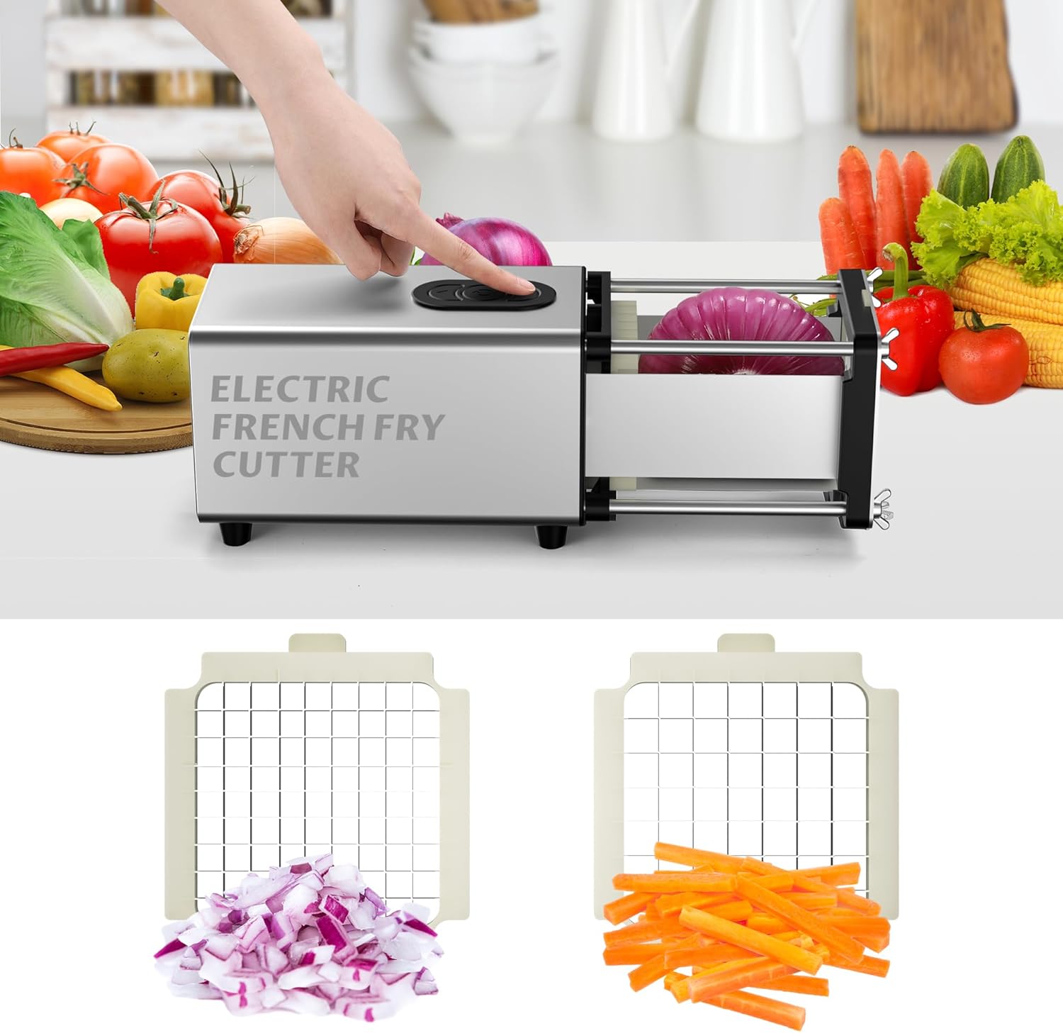 SIXRARI Electric French Fry Cutter, Automatic Potato Cutter Stainless Steel with 1/2 & 3/8 Inch Blade,Vegetable Cutter,Commercial and Household Potato Slicer, Use for Potatoes Onion Cucumbers