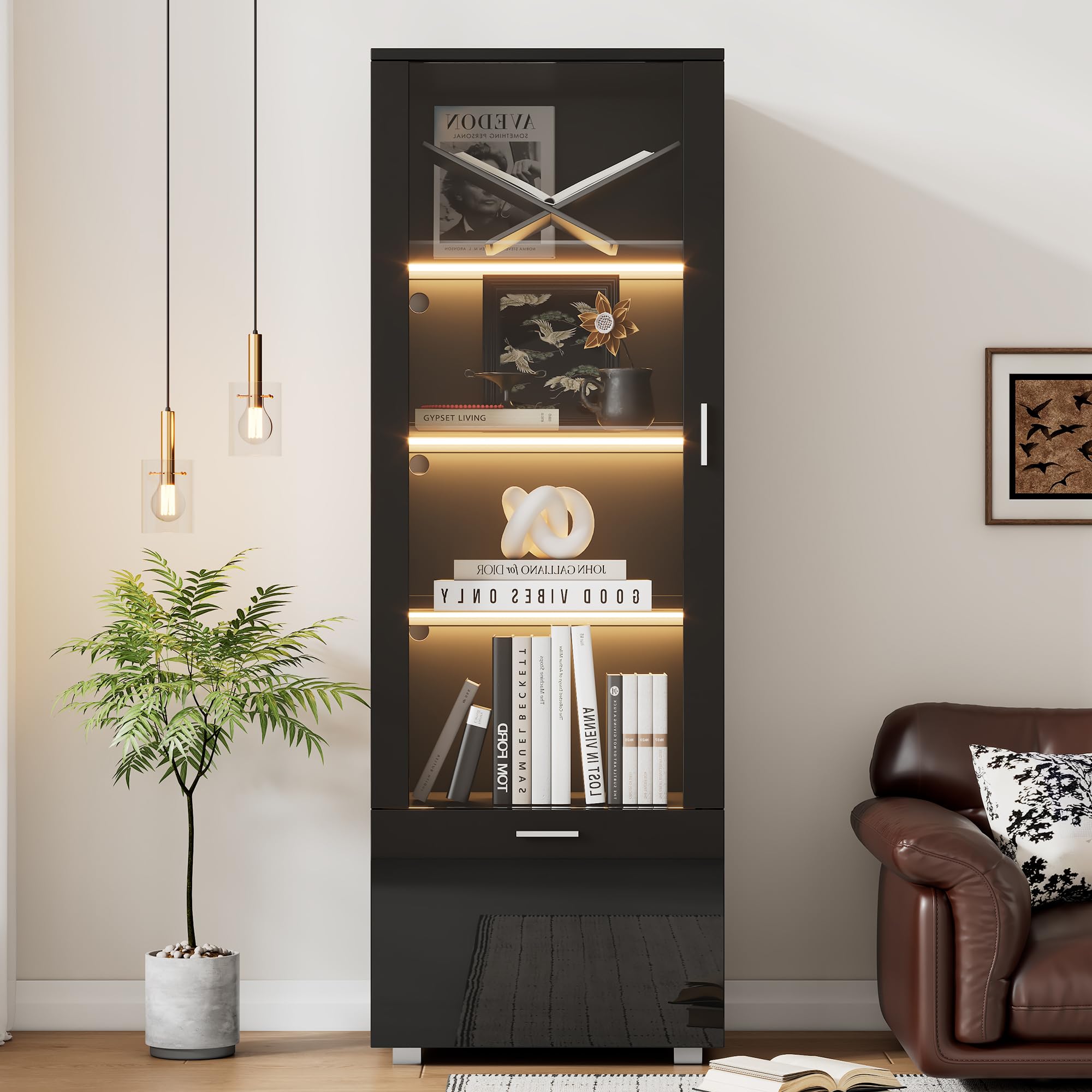 Merax Vitrina con LED, moderna vitrina con 3 estantes, cajón, vitrina brillante para coleccionables, estantería con puerta acrílica, para salón, dormitorio, 50 x 40 x 160 cm, color negro