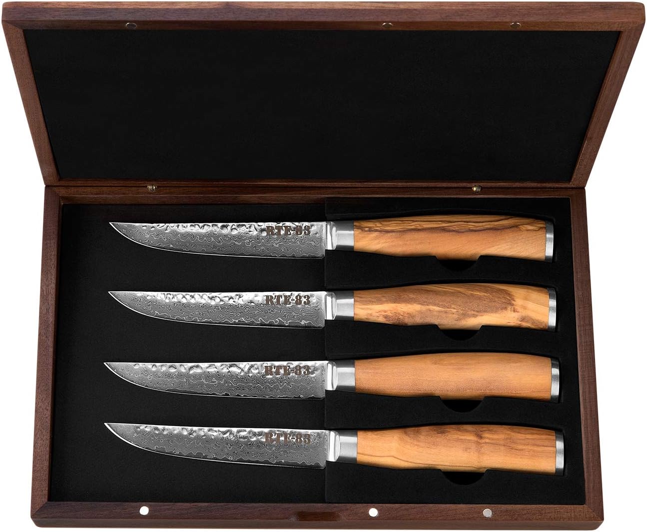 Route83 Signature The Tender Set of 4 Handmade Hammered Damascus Stainless Steel Italian Olive Wood Handles