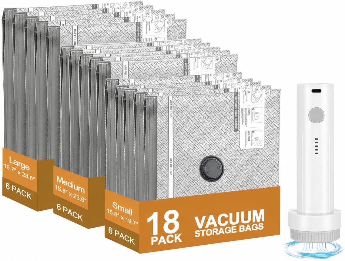 Vacuum Storage Bags for Travel with Cordless Pump, 18-Pack, 3 Sizes