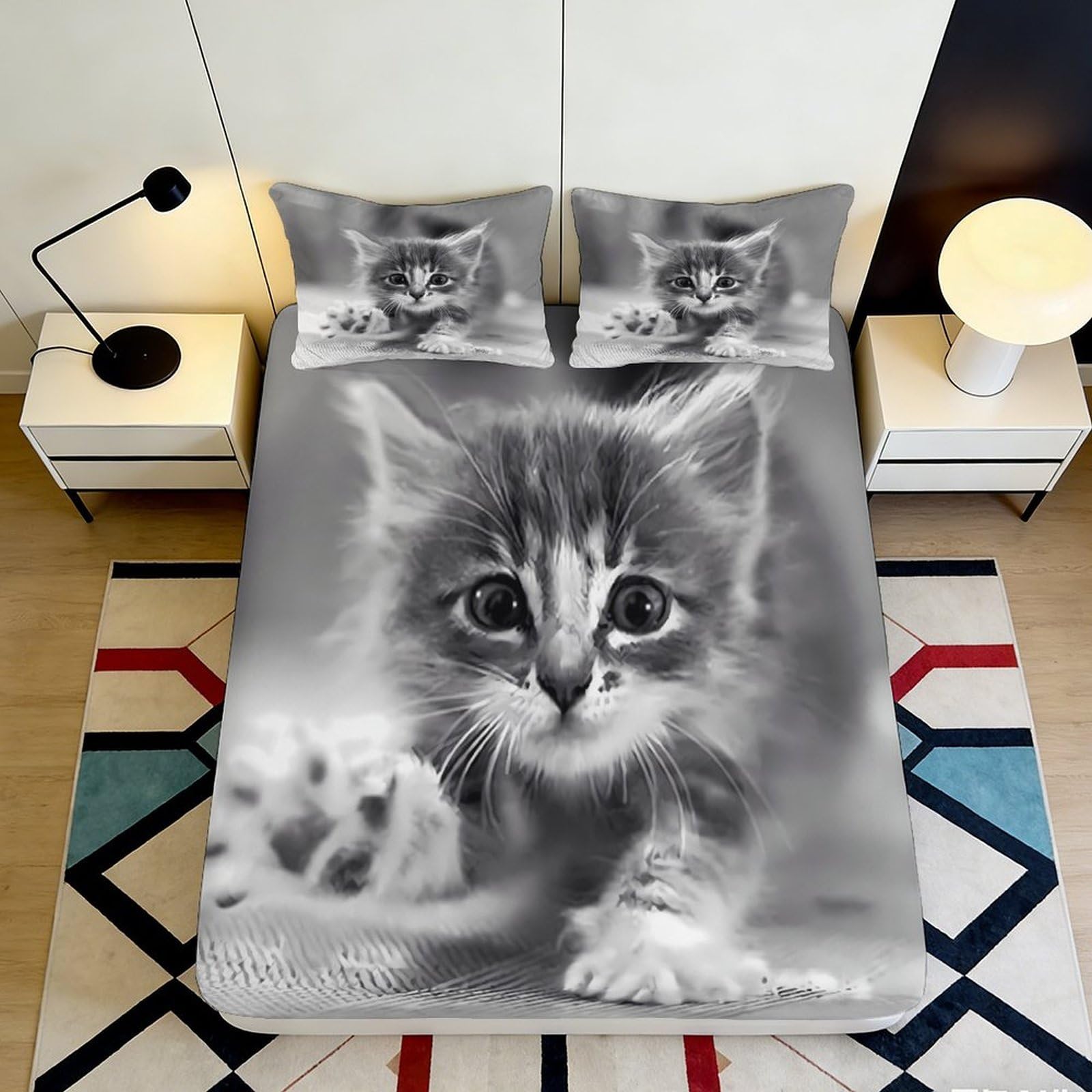 3D Printed Cat Microfiber Fitted Sheet Deep Pocket Non-Slip Full Wrap for Adults Bedroom Cat Mattress Fitted Cover Washable 180x200x25cm