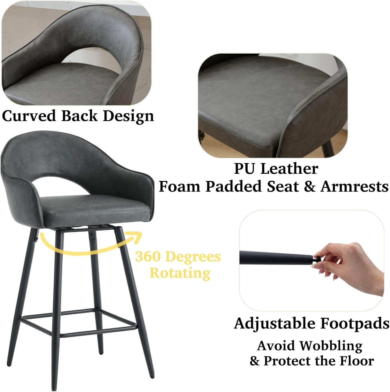 DUOMAY Swivel Bar Stools Set of 4, Modern 27" Counter Height Stools, PU Upholstered Kitchen Island Chair with Black Metal Legs for Home Kitchen Bistro Coffee Shop Restaurants, Dark Grey