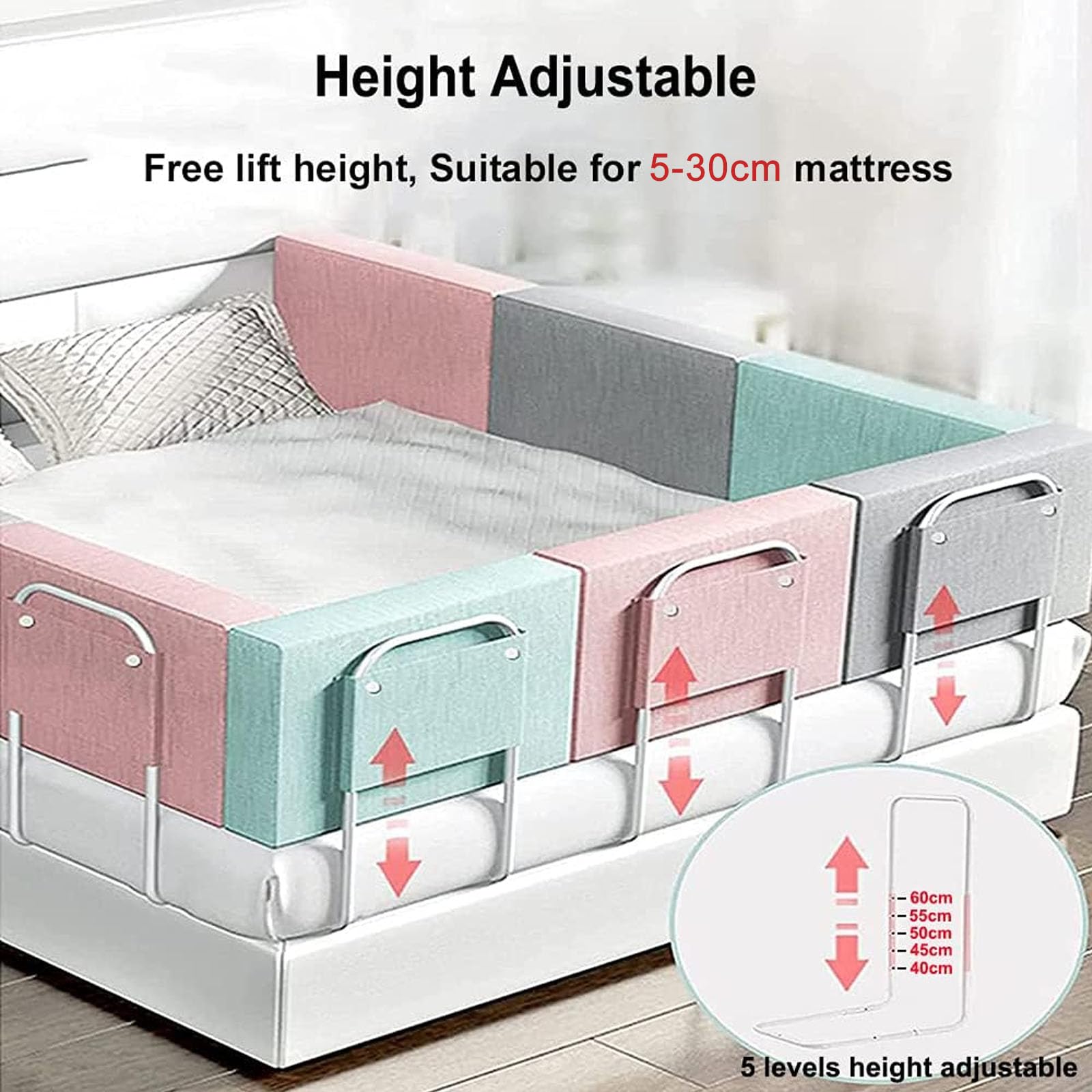 Paracolpi per Sponde Letto Regolabili con Cerniera - Altezza 40-60 Mm, Struttura in Cotone Perlato E Acciaio | Protezione Lavabile per Materassi da 5-30 Cm, Liberamente Combinabili,0.5m,Grey