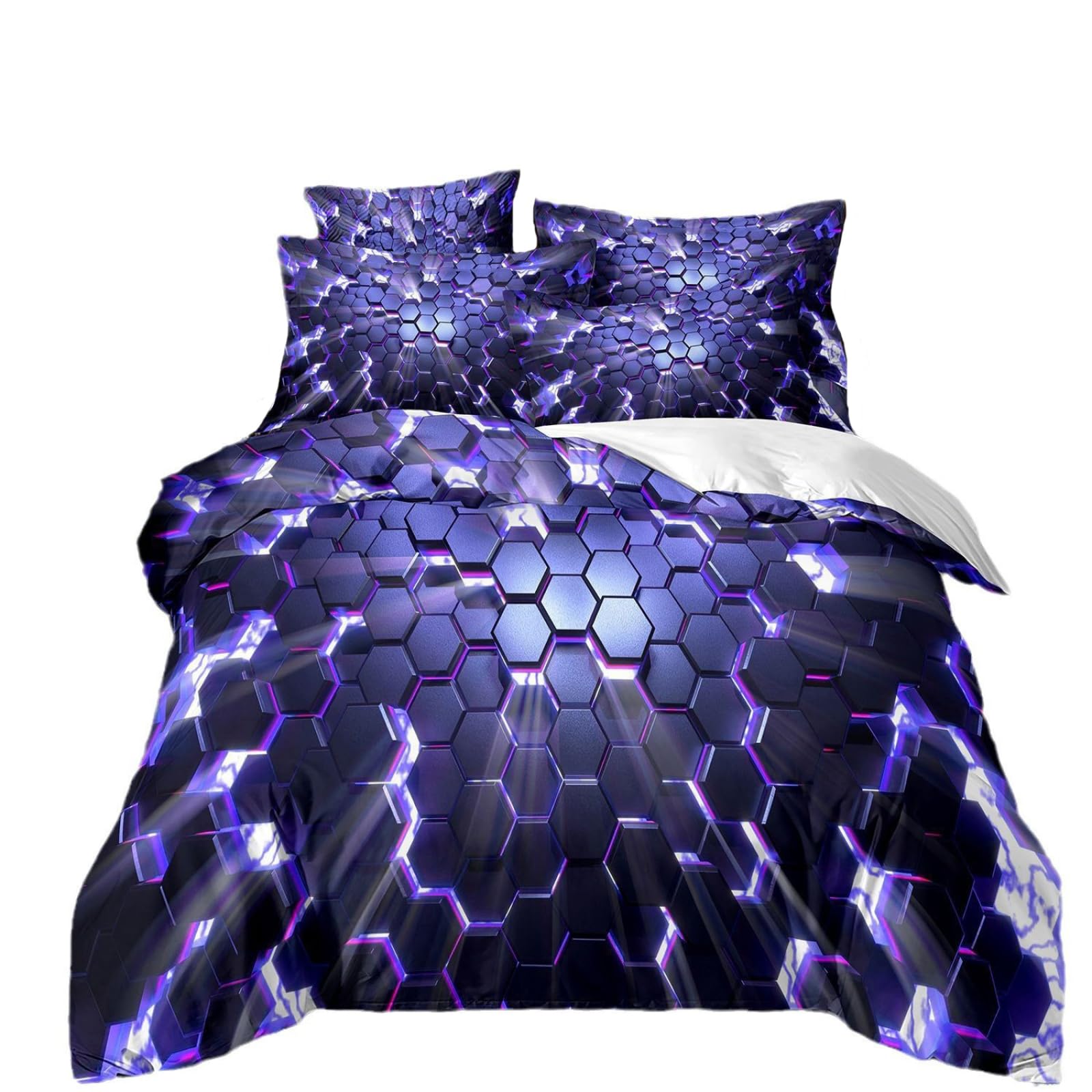 Dwetcxo King Size Duvet Cover Sets Purple Hexagon Kingsize Duvet Cover Sets Microfiber Breathable King Size Bedding Soft Bedding with Zipper Closure+2 Pillowcases 50x75cm 220x240cm