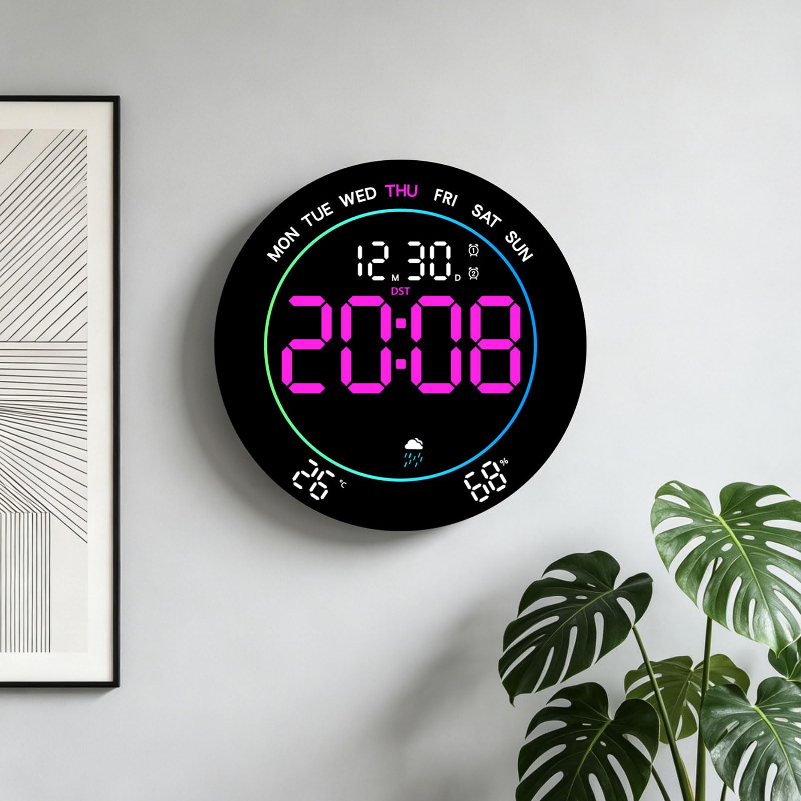 Grande orologio digitale da parete, luce bianca, luce bianca | Sveglia a LED con cifre grandi, data, temperatura, DST, decorazione moderna da parete per camera da letto