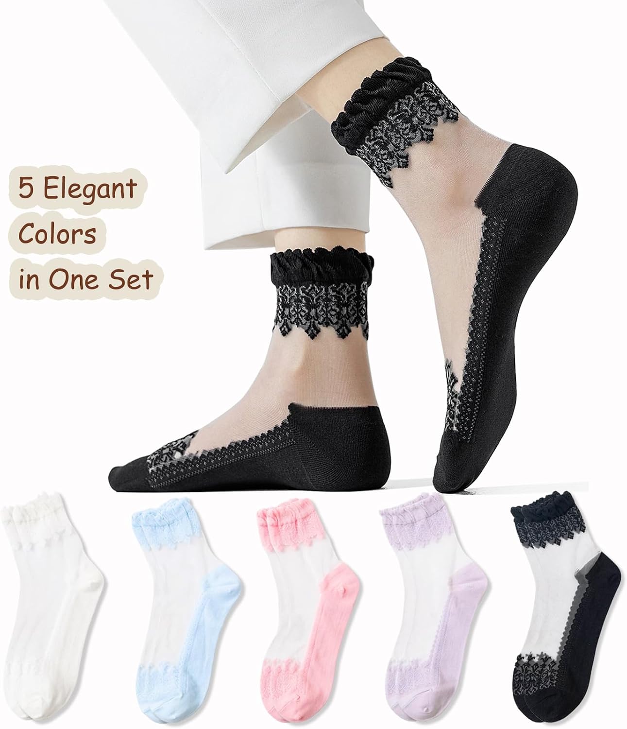 DXYAKY 5 Pairs Sheer Floral Socks for Women, Lightweight Mesh Ankle Lace Socks, Breathable Summer Cute Transparent Stockings