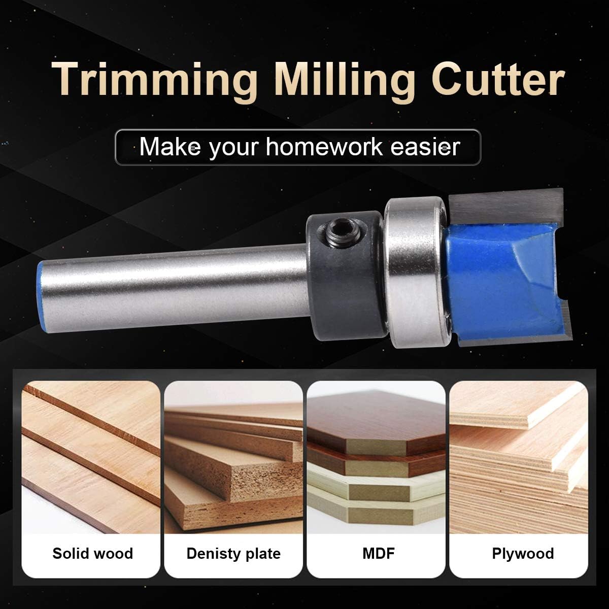 KATUR Top Bearing Flush Trim Pattern Router Bit, Hinge Mortising, Template Router Bit Set, 1/4 Inch Shank with Alloy Blade Carbon Steel (1/4" Shank,1/2" Tooth width,11.9mm Tooth depth)