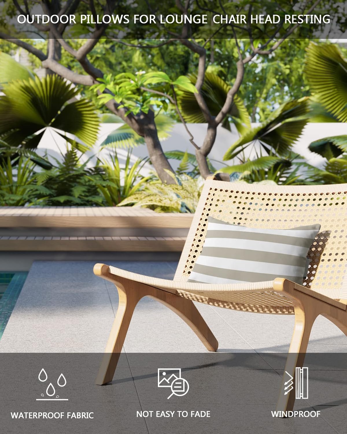 T&H XHome Outdoor Pillow for Chaise Lounge Chair, Beige and White Stripe Waterproof Headrest Pillow Lumbar Pillows with Adjustable Elastic Strap for Beach, Poolside, Patio, Office (2 Pack)