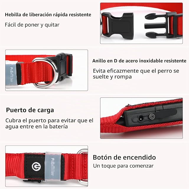 Foto 7 de 7 de PcEoTllar Collar Luz para Perro Recargable, Rojo L