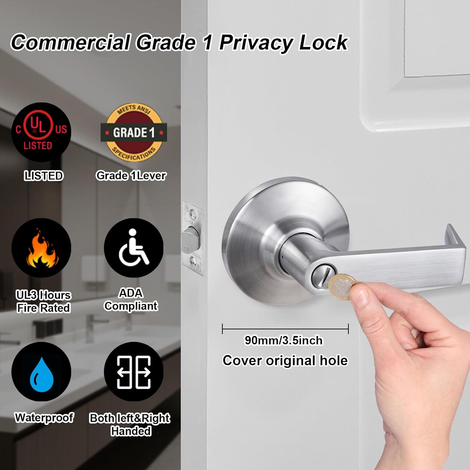 NEWBANG Grade 1 Commercial Privacy (Bathroom, Bedroom) Door Lock，with ADA ，UL Listed, 3-Hour Fire Rated Tested and Door Lever 1000000 Times Duariblity Turn Test, Satin Chrome FinishGRD1-72BK-1P