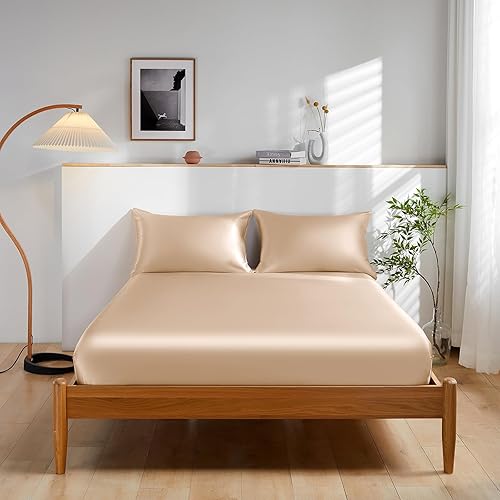 THXSILK Juego de sábanas de 100% seda morera  Juego de sábanas de 3 piezas de seda pura  Sábana bajera de 16 pulgadas de profundidad, 2 fundas de