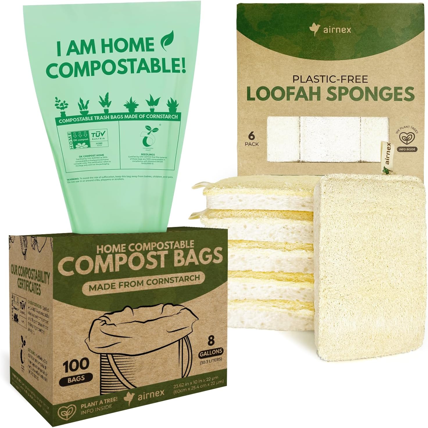 AIRNEX 100 Count Compost Bags for Countertop Bin 8 Gal & Natural Loofah Dish Sponges Pack of 6-100% Compostable Trash Bags made of Cornstarch - Plastic Free Sponges Kitchen with Cotton Hanging Loop