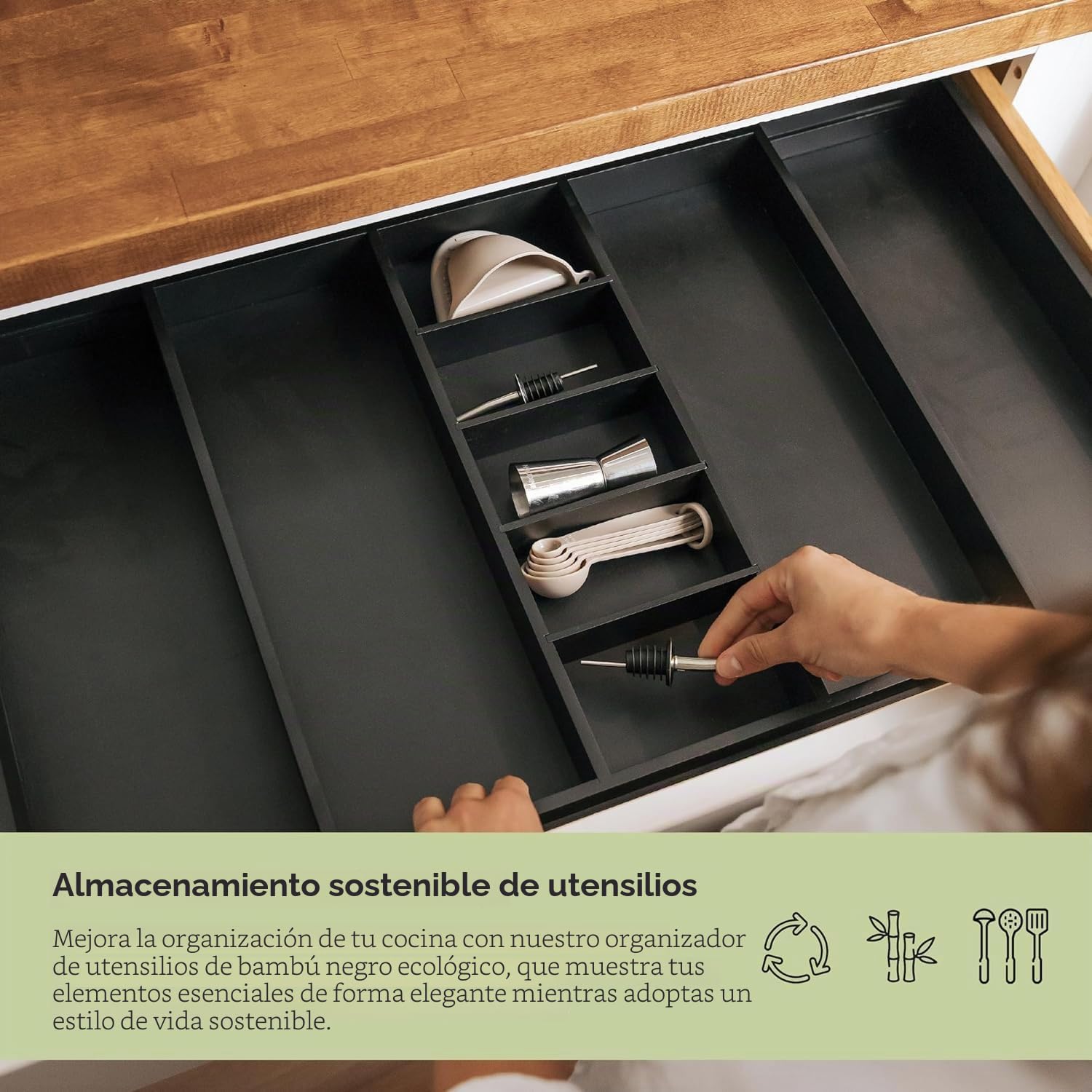 KitchenEdge Organizador de cajones de cocina ajustable para utensilios y basura, expandible de 19 a 33 pulgadas de ancho, 9 compartimentos, acabado negro de grado contrato seguro para alimentos