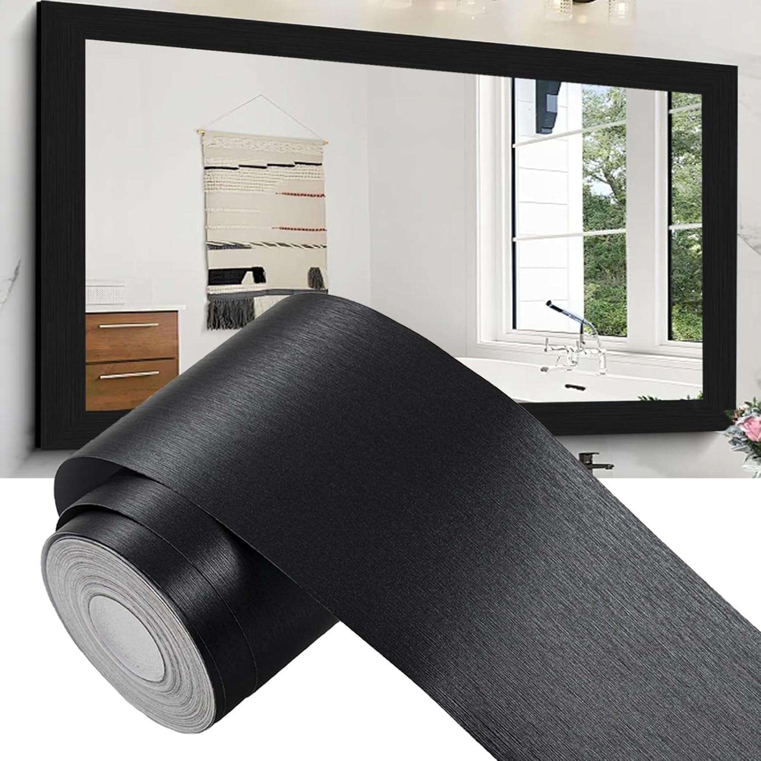 Alened Black Mirror Frame Border Peel and Stick Wallpaper, Mirror Tape Border Trim Removable Waterproor Wall Decor, Self Adhesive Bathroom Sticker 2" x 393"