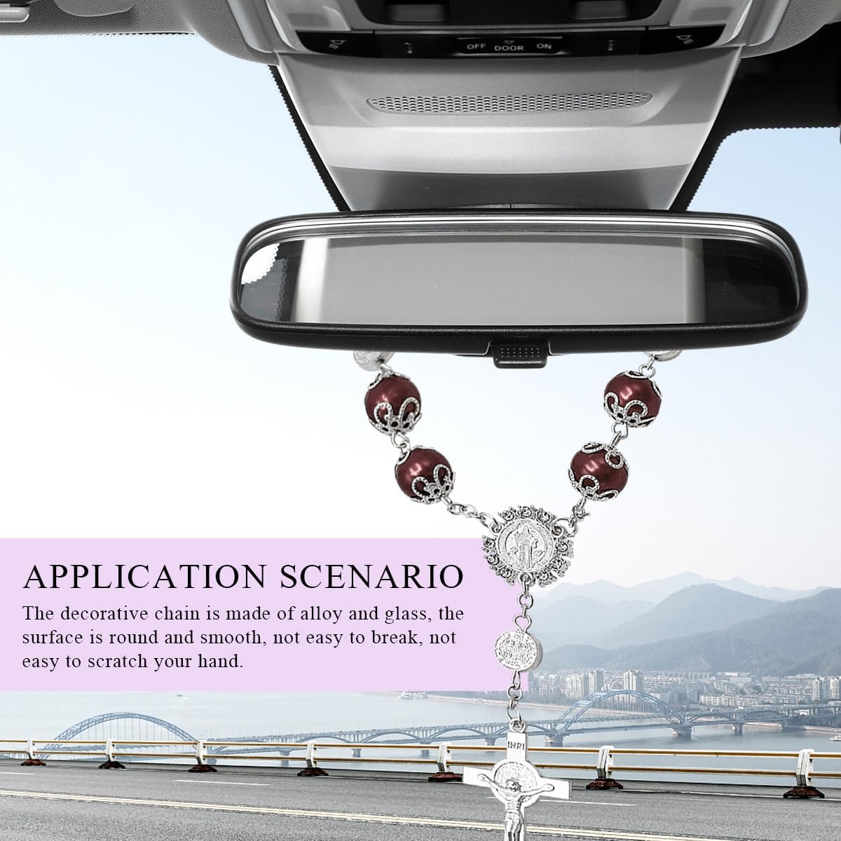 Ohleats Car Rosary for Rearview Mirror, Cross Blessing Pendant, Coffee-1PCS image 4