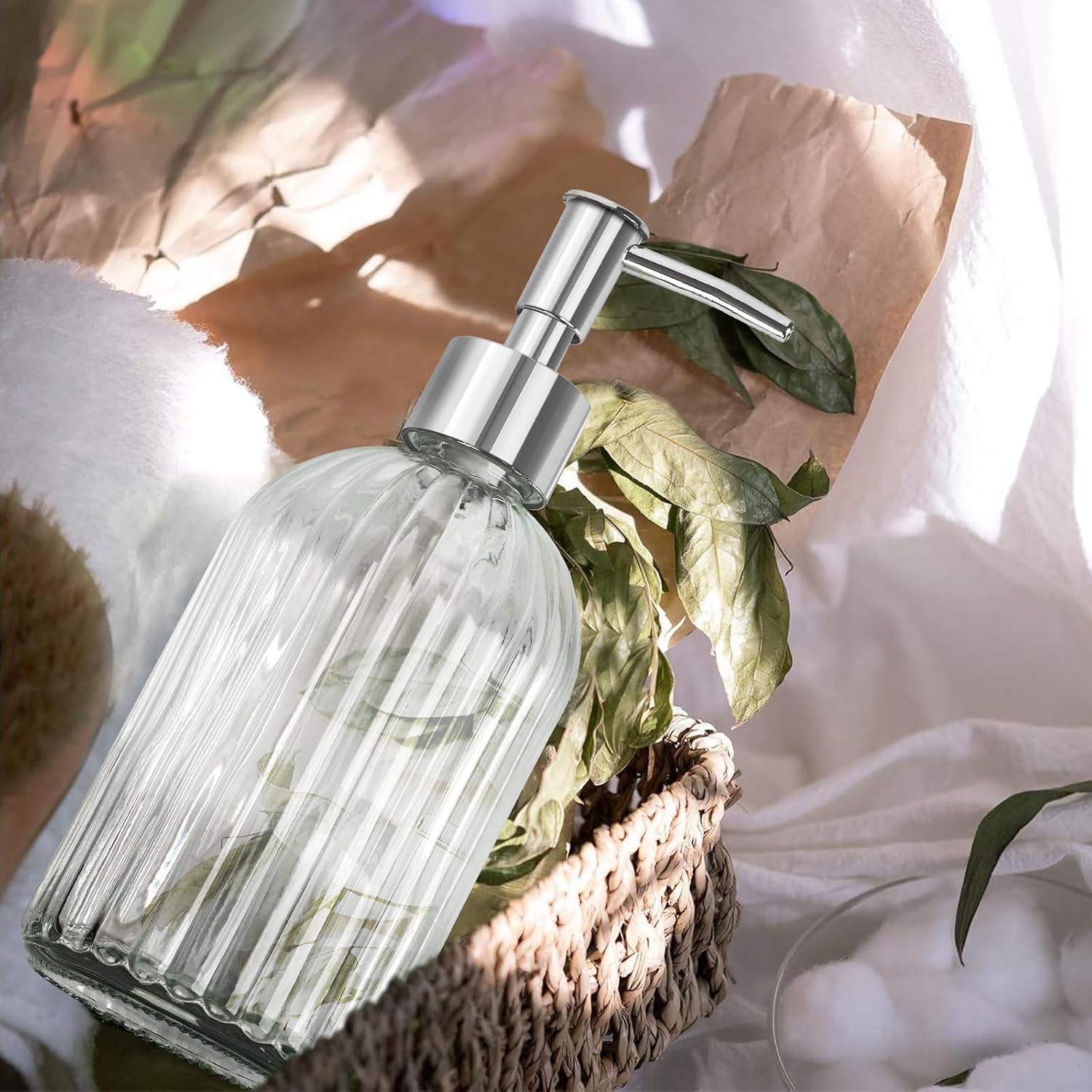 Glass Soap Dispenser with Plastic Pump, Hand Soap Dispenser for Hand Wash, Lotion Dispenser for Dishwashing Liquid, Lotion Shower Gel (Striped Transparent) image 2