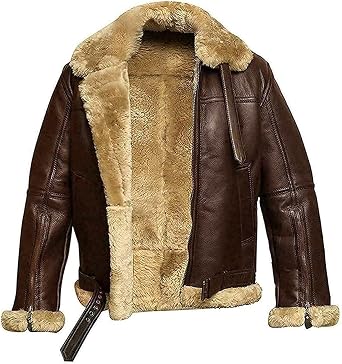 Mens Aviator RAF B3 Ginger Shearling Sheepskin Bomber Leather Jacket Flying
