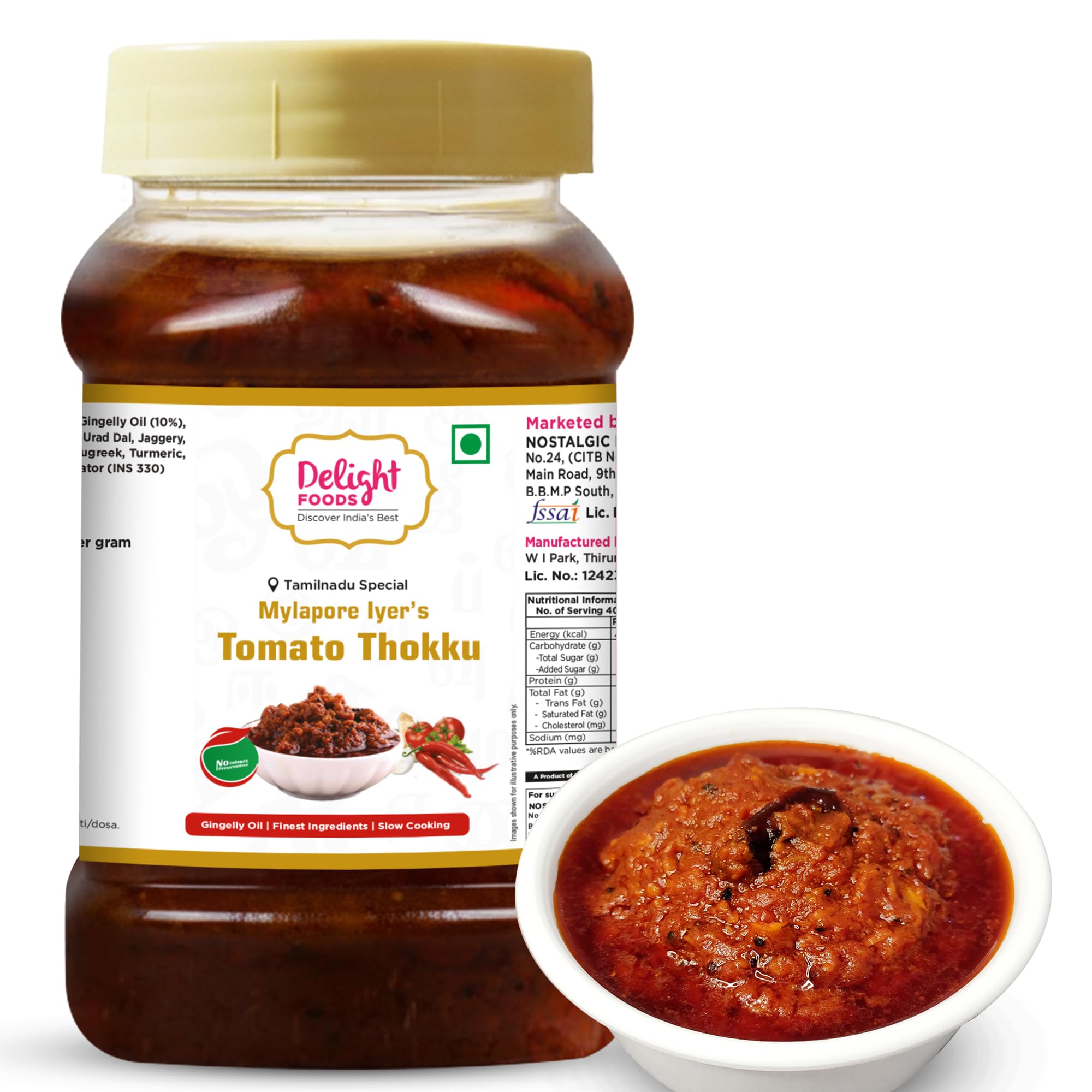 Delight Foods Mylapore Iyer's Tomato Thokku 800G-Rice Mix|Homemade Recipe Made With Pure Gingelly/Sesame Oil|Tomato Pickle