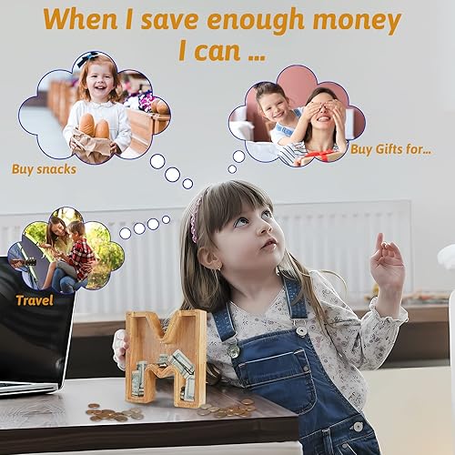 Miniatura 4 de Alcancía para niños y niñas, alcancía grande de letra de madera personalizada con diseño recortado, bancos de monedas con letras del alfabeto, caja