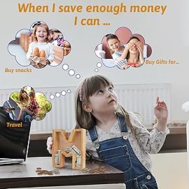 Piggy Bank for Kids Boys Girls, Large Personalized Wooden Letter Piggy Bank with Cut-Out Design, Alphabet Letter Coin Banks, Money Savings Box, Wooden Bank for Kids Creative Gift for Real-Money(E)