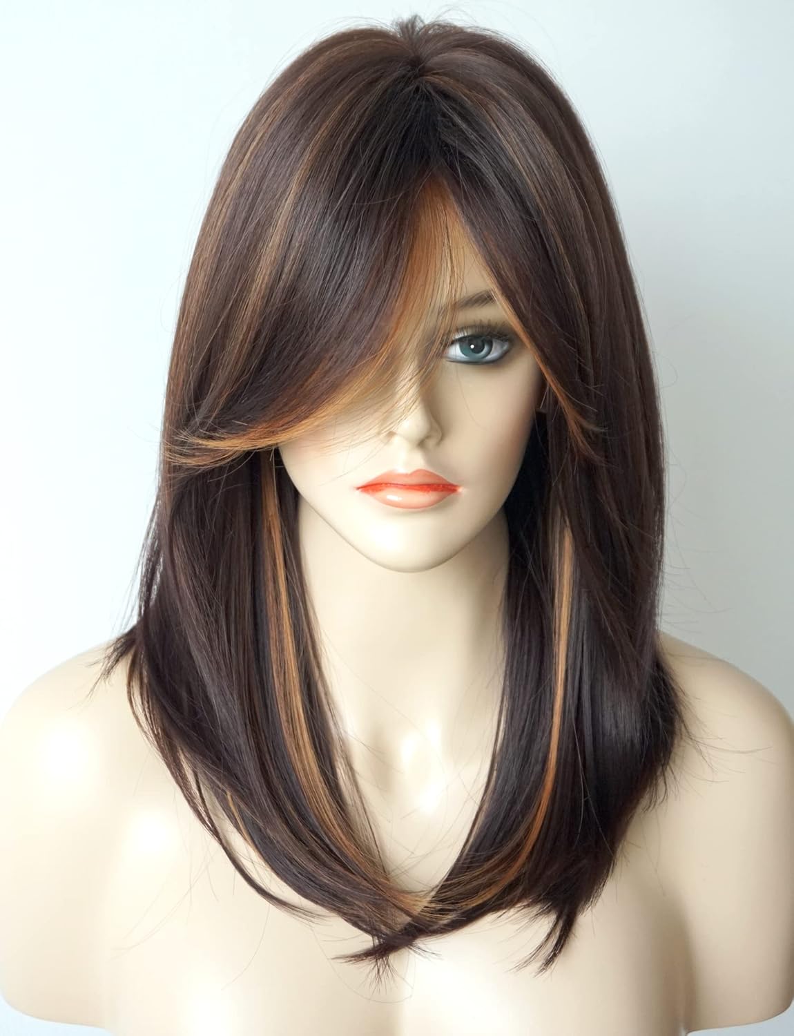 womens wigs for white women Medium Length wig Layered Wigs Light Brown Color with camel Highlights wigs with bangs Synthetic wig for Women (Brown Camel mixed) brown with camel s