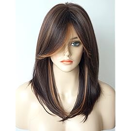 womens wigs for white women Medium Length wig Layered Wigs Light Brown Color with camel Highlights wigs with bangs Synthetic wig for Women (Brown Camel mixed)