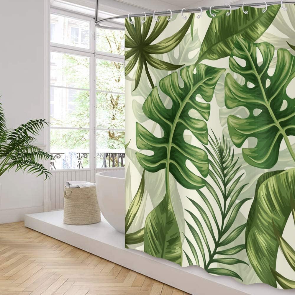 Tropical Leaves Shower Curtains, Palms Monstera Banana Leaf Green Plant Botanical Bathroom Curtains Bathtub Home Decor Machine Washable Waterproof Fabric with 12 Hooks 72" Wx78 L