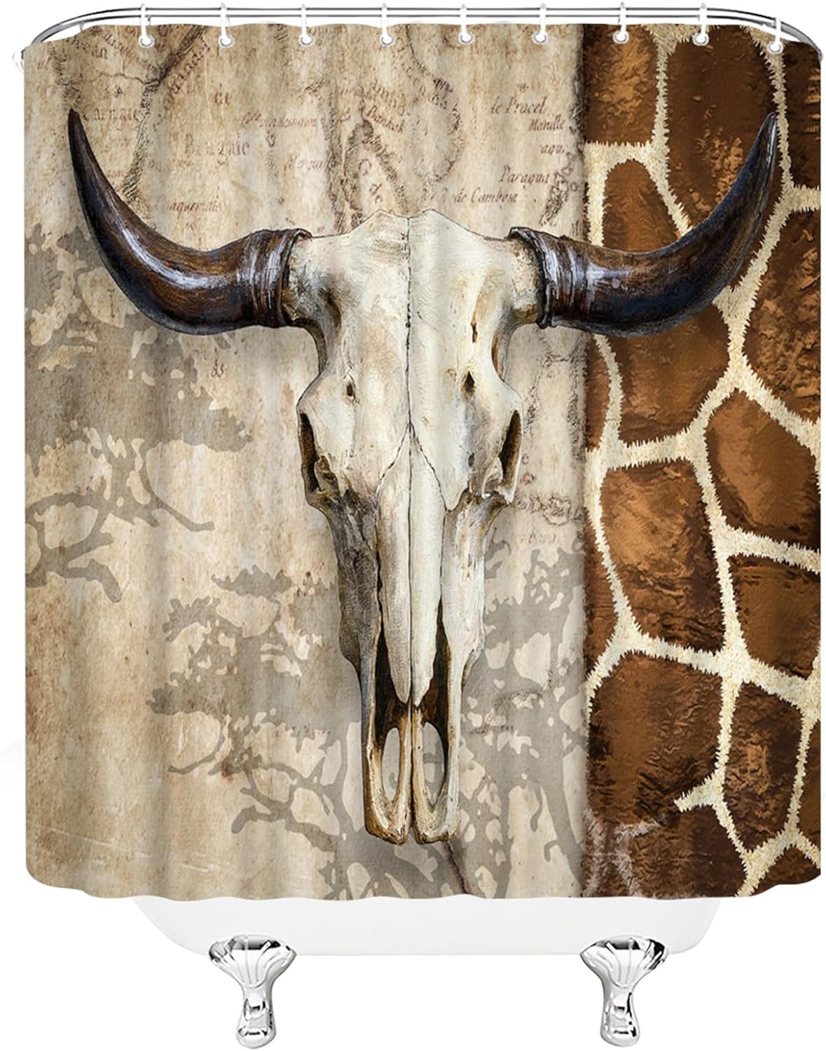 Farmhouse Shower Curtain Bull Skull Bathroom Curtain with Giraffe Print Pattern 72x72 Inches, Rustic Western Design with 12 pcs Hooks Included (Brown)