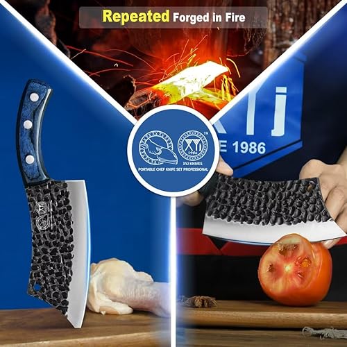 Miniatura 7 de XYJ Cuchillo de chef forjado antiguo con funda de cuero Mini cuchillo y piedra de afilar Cuchillos vegetales chinos Kits de cuchillos de rebanada de