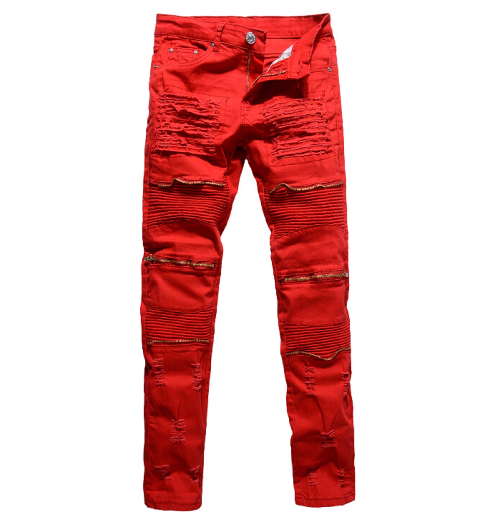 Harri Men's Red Distressed Ripped Biker Moto Denim Trousers Pants Slim Fit Zipper Jeans (, Uk-28)