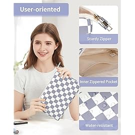 Narwey Small Checkered Makeup Bag for Purse Small Cosmetic Bag Women Travel Makeup Pouch Zipper Pouch (Grayish Blue Checkerboard)