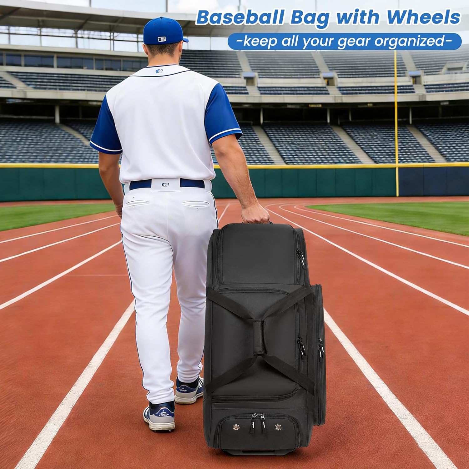 Rolling Baseball Catchers Gear Bag with Wheels, Large Baseball Softball Bag for 4 Bats with Shoe Compartment, Fence-Hooks and Multi-Pockets.