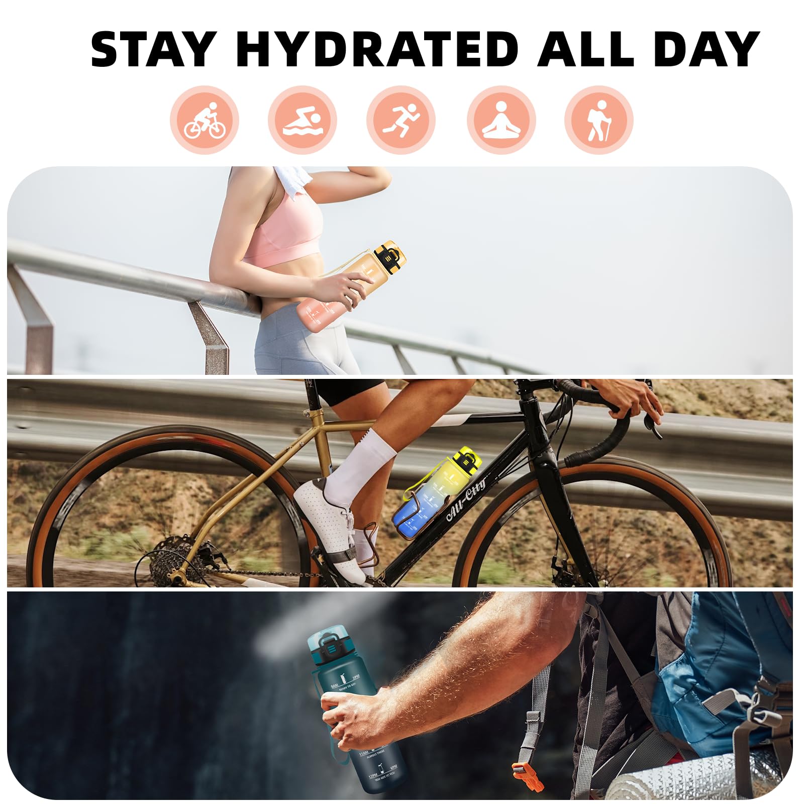Borraccia 1 litro, Borraccia Palestra, Borraccie Senza Perdite, Bottiglia Motivazionale, Facile da Trasportare, Borraccie Orari, Borracce Graduata, Bottiglia Acqua per Campeggio, Fitness, Viaggio