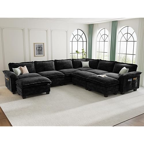 KKL Large J-Shaped Modular Sectional Sofa, 9 Seater Cloud Couch with Ottoman, Chenille Sectional Couches for Living Room, Apartment, Black
