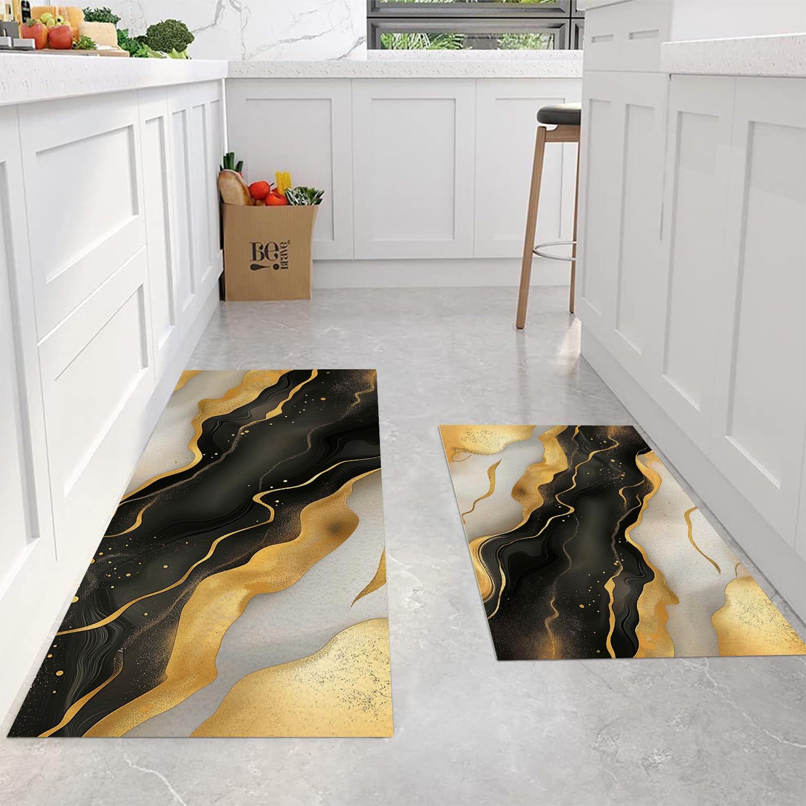 Juego de alfombras decorativas con líneas doradas abstractas y base de alta seguridad, 2 piezas