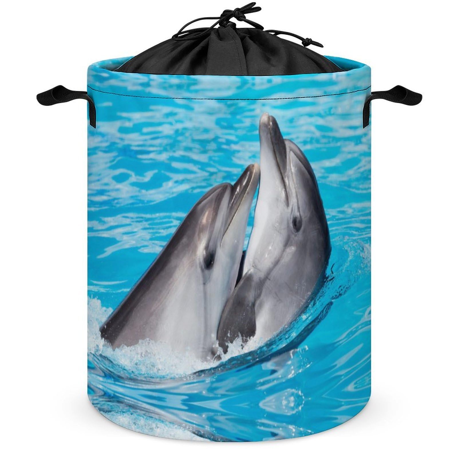 Qjjinxior Drawstring Laundry Hamper, Playful Dolphins Laundry Basket, Washing Basket with Handle