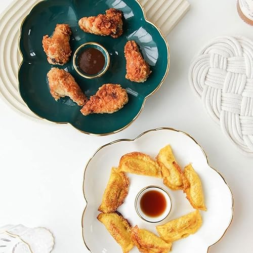 Miniatura 5 de WULFY Vajilla Creative Dumpling Plates with Vinegar Dish Home Hotel Breakfast Grid Plate Sushi Flower Shape Simple Ceramic Plates (Color  White)