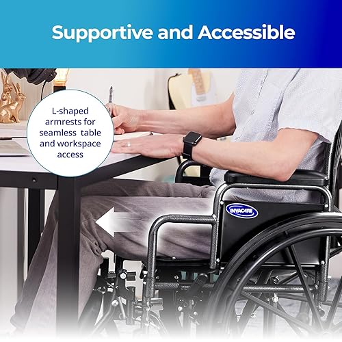 Miniatura 2 de Invacare Sillas de ruedas para adultos, Brazos de escritorio acolchados extraíbles en forma de L, reposapiés abatible, Silla de ruedas ligera