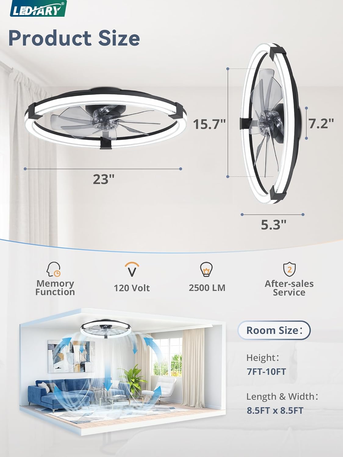 LEDIARY Ceiling Fans with Lights, 23 Inch Low Profile Ceiling Fan with Remote, 6 Speeds, Reversible, Dimmable Flush Mount Fan Light, Modern Fandelier Ceiling Fan with Lights for Bedroom, Black