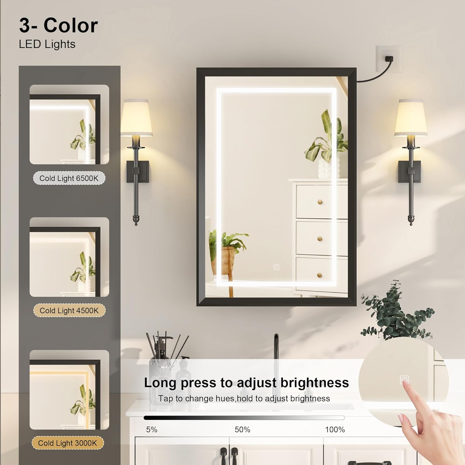 Recessed LED Medicine Cabinet with Lights,Beveled Aluminum Frame, 20x30 Black Bathroom Lighted Medicine Cabinet with Mirror, 3-Light Color Dimmable, with Adjustable Glass,Assembly Required