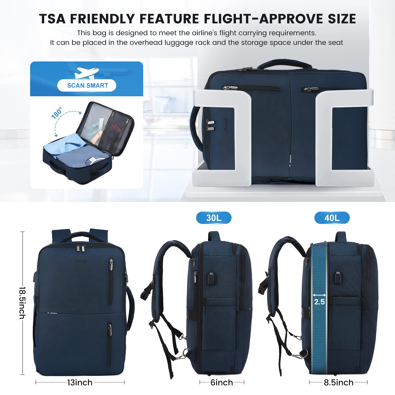LOVEVOOK Zaino Da Viaggio Borse Da Cabina Per Easyjet Ryanair Bagaglio A Mano Uomo Donna Porta PC 17,3 Pollici 40 Litri Grande Trekking Blu
