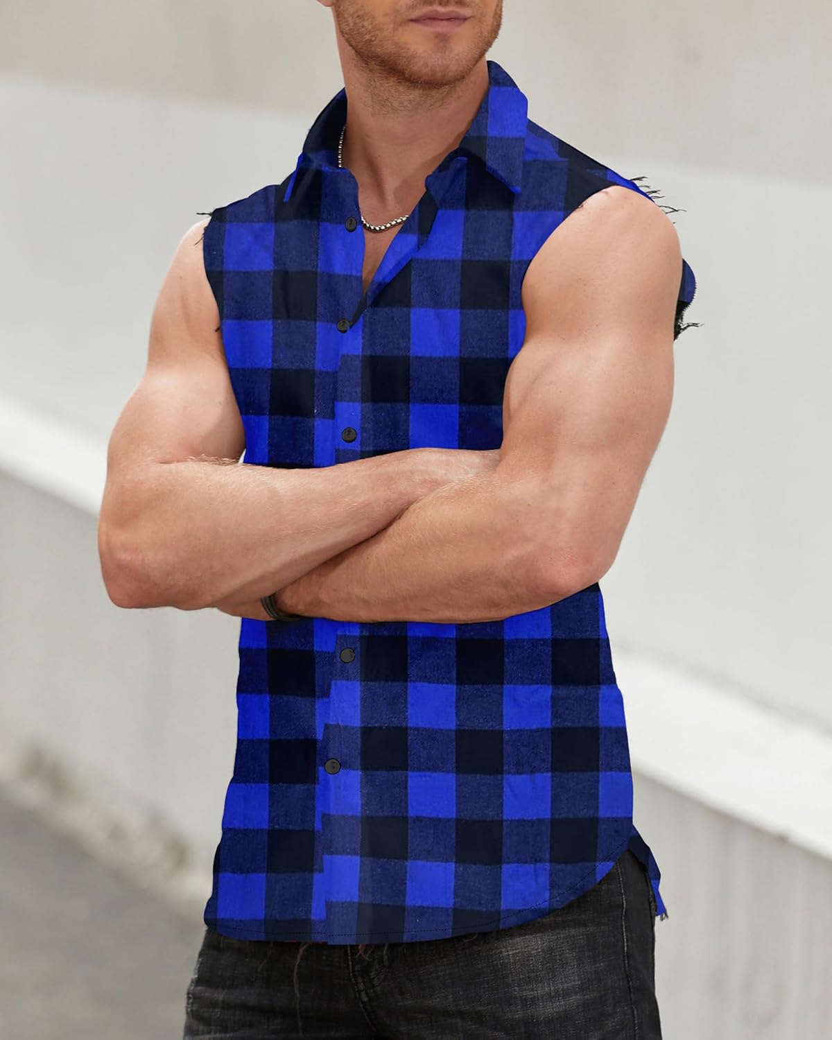 Mens Sleeveless Flannel Shirt Plaid Casual Button Down Shirts Vest - Image 3