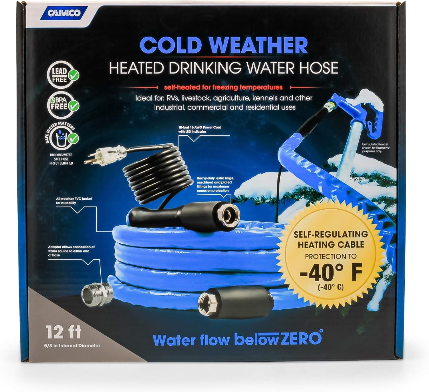 Camco 25 Ft TASTEPure Heated Drinking Water Hose with Energy Saving Thermostat - Lead and BPA Free (22911),Cold Weather (Freeze Protection to - 20˚F),Standard Packaging : Automotive