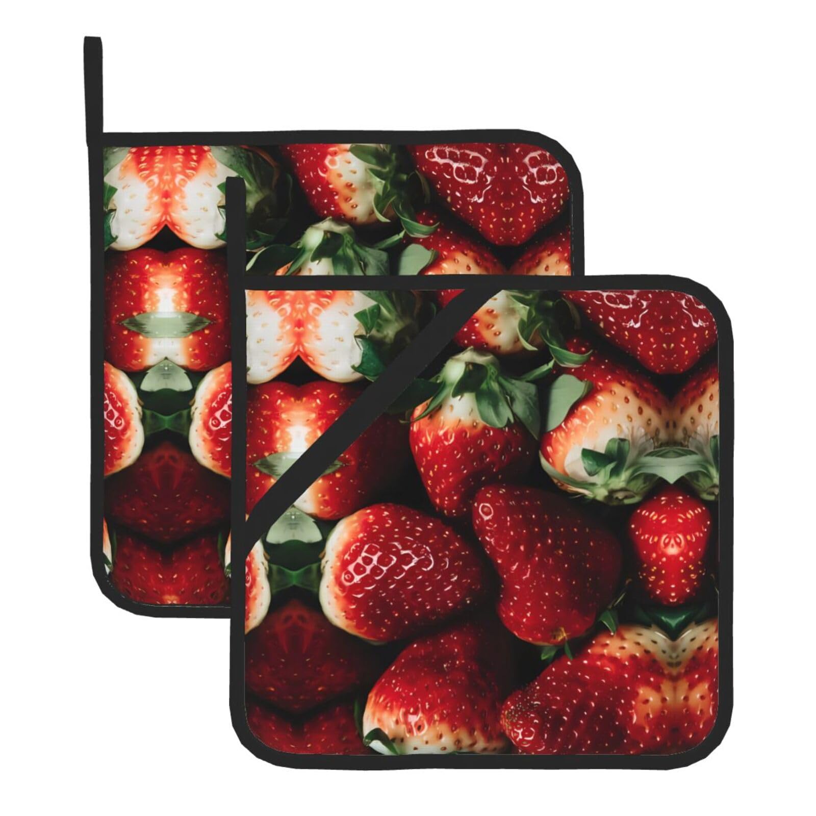 HJFCZH Strawberry Prints Square Hot Pads for Kitchen - Waterproof Heat Resistant Potholders, Thick Trivet Covers with Hanging Loops, Oven & Grill Dish Protectors (2-Pack)
