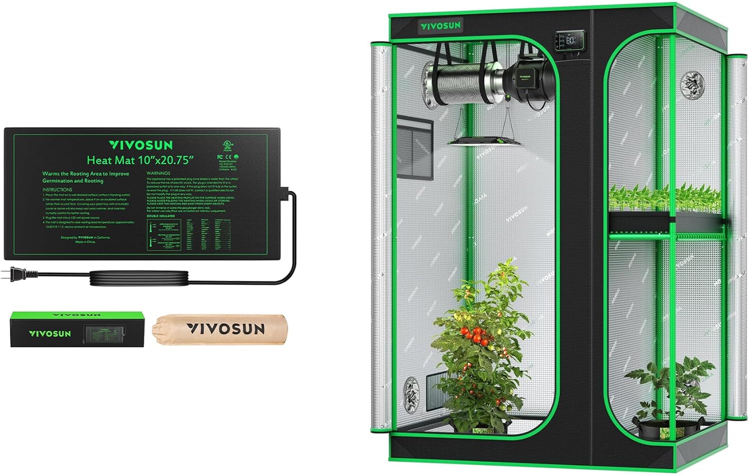 VIVOSUN Durable Waterproof Seedling Heat Mat 10" x 20.75" and 2-in-1 4x3 Grow Tent, 48"x36"x72" Seedling Clone Tent High Reflective Mylar with Multi-Chamber and Floor Tray for Hydroponic Indo