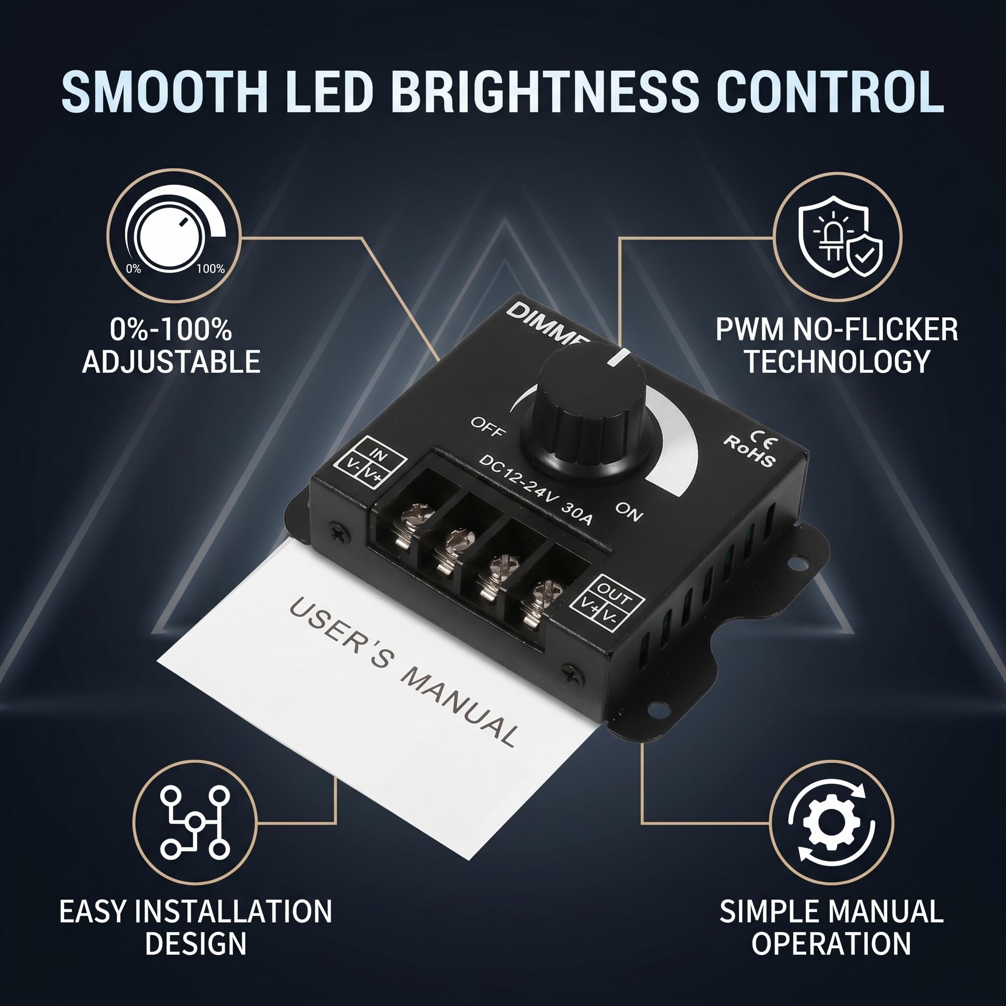 Ściemniacz z Przełącznikiem Led, Kontroler ściemniania PWM DC 12V-24V 30A, Regulacja Jasności Przełącznika ściemniacza światła dla Taśmy LED
