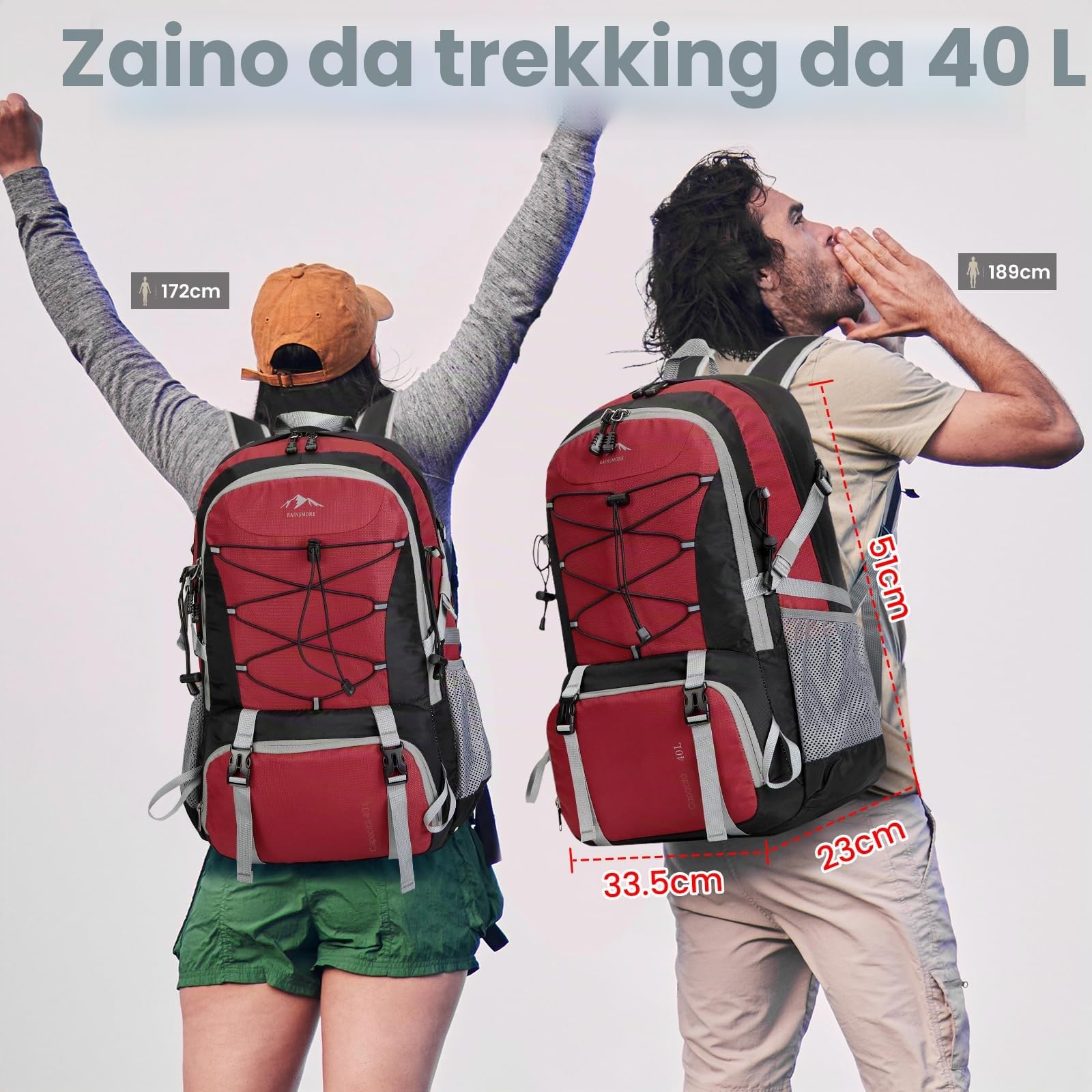 RAINSMORE Zaino Trekking 40 Litri Zaino Pieghevole Impermeabile Zaino Montagna Zaino da Viaggio Uomo e Donna Zaino Escursione per Hiking Campeggio Rosa