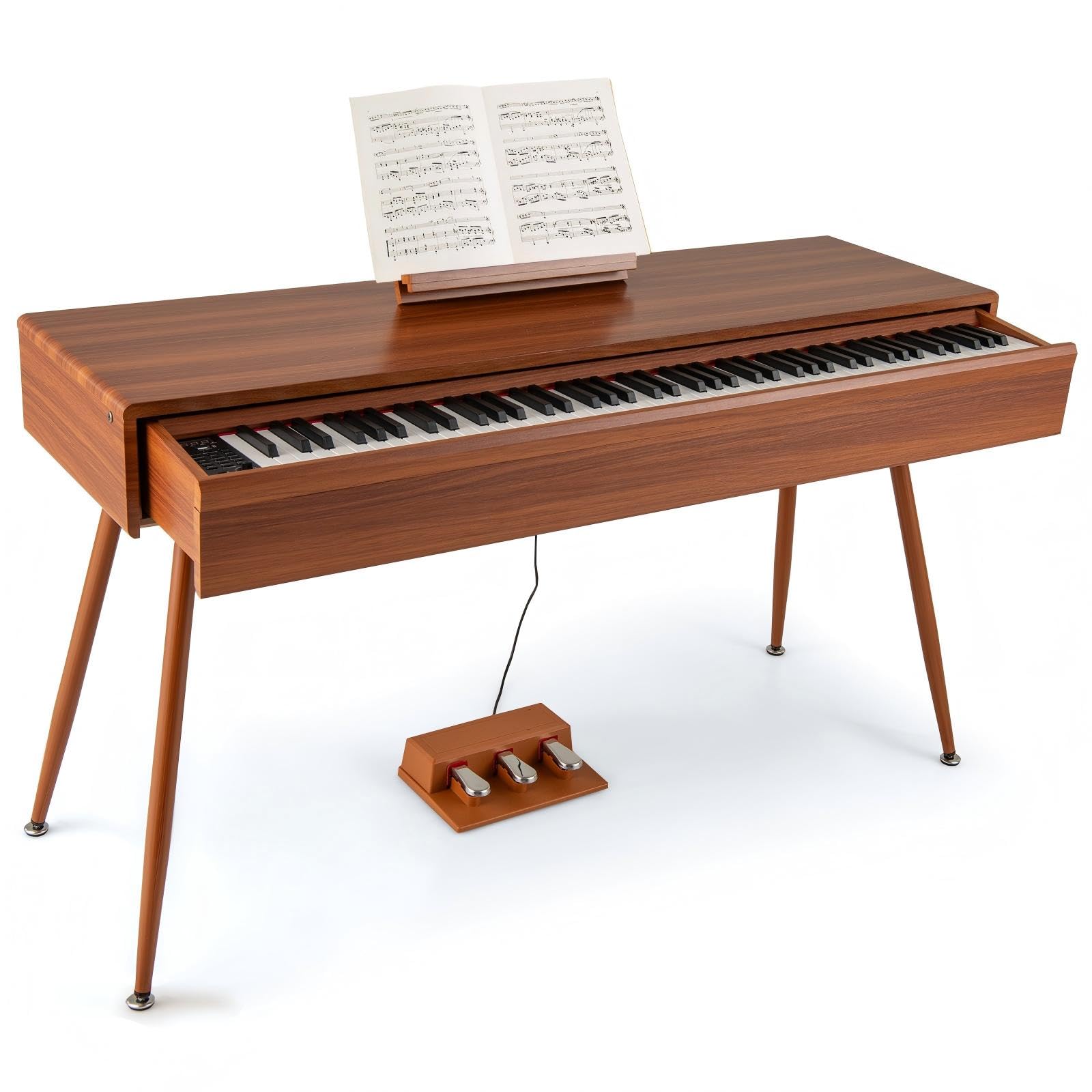 KOMFOTTEU Piano Digitale 88 Tasti, Tastiera Piano Elettronica con 800 Suoni & 600 Ritmi, Tasti Pesanti, Piano Digitale con Supporto & 3 Pedali, Modalità Doppia Tastiera, Marrone
