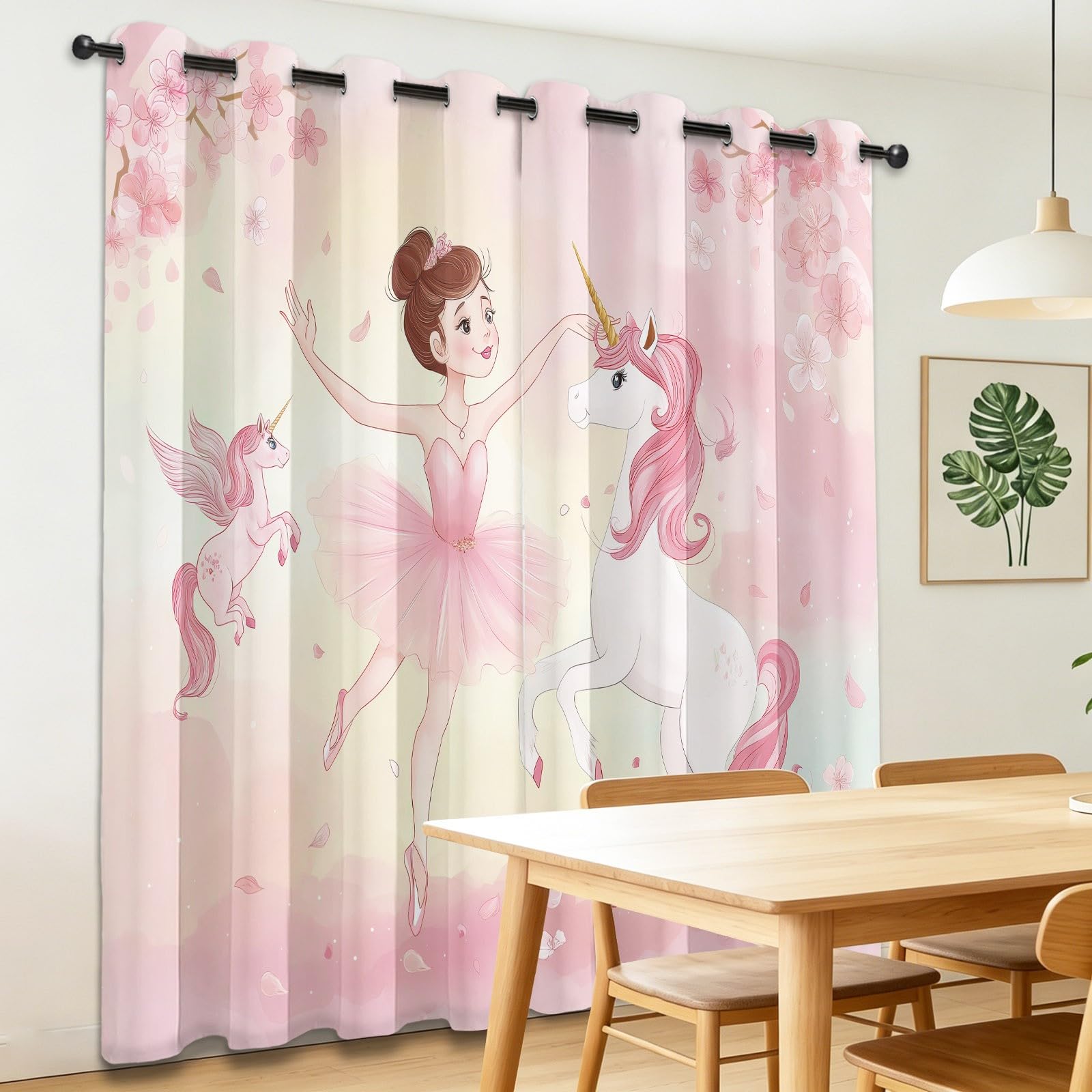 Rideau Occultant Fantaisie 2 Pièces L140×H260 cm, Motif Licorne Ballerine Fleur, Rideau Thermique Isolant Anti Chaleur à Oeillets Isolation Lumiere Anti UV Decoration, Chambre De Bébé Chambre De Fille