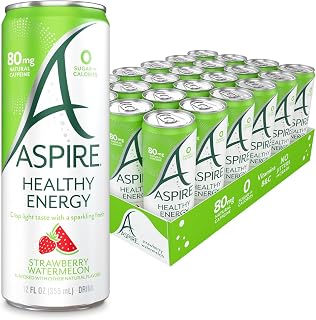 ASPIRE® Strawberry Watermelon, Healthy Energy Drink 80mg Natural Caffeine, Zero Sugar No Carbs Keto Friendly, 24 Pack Green Tea Sugar Free Drink Low Caffeine Zero Calorie